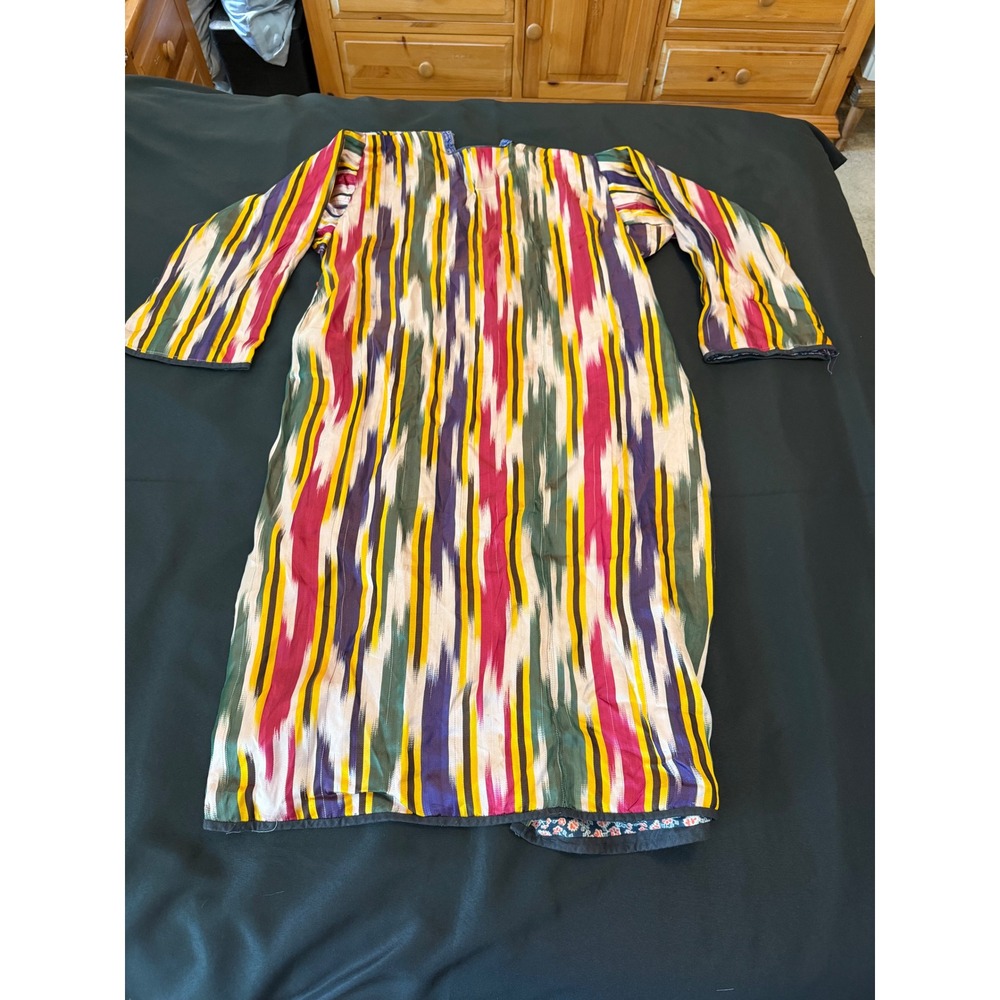 Vintage Style Ikat Print Duster Cardigan Multicolor Floral Lined Long Jacket - Picture 5 of 7